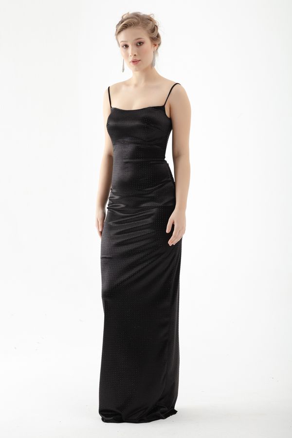 Lafaba Lafaba Women's Black Fitted Woven Lined Shiny Stone Elegant Evening Dress