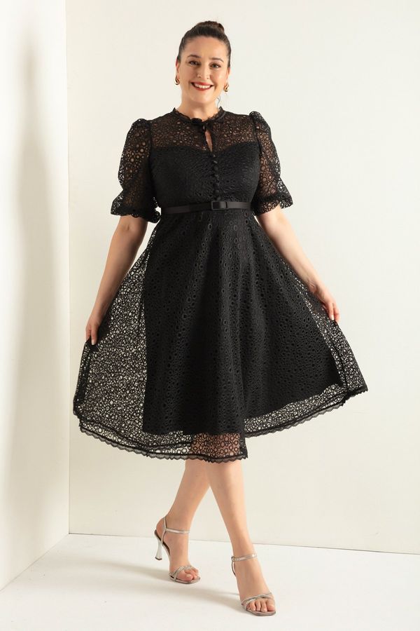 Lafaba Lafaba Women's Black Lace Plus Size Midi Evening Dress