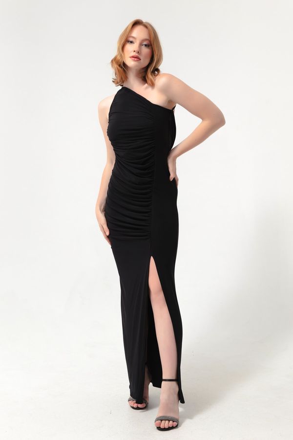 Lafaba Lafaba Women's Black One-Shoulder Off-the-Shoulder Split Long Evening Dress with a Slit