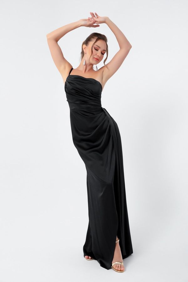 Lafaba Lafaba Women's Black One-Shoulder Satin Evening Dress & Prom Dress