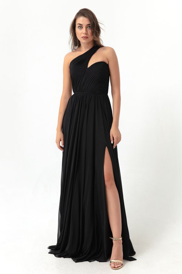 Lafaba Lafaba Women's Black One-Shoulder Slit Long Evening Dress