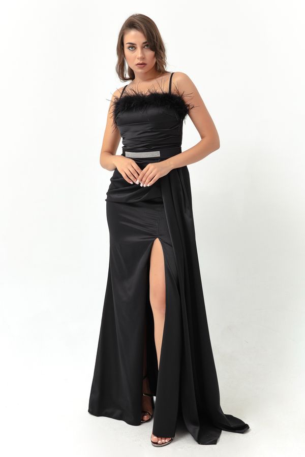 Lafaba Lafaba Women's Black Rope Strap, Stone Belted Long Satin Evening Dress