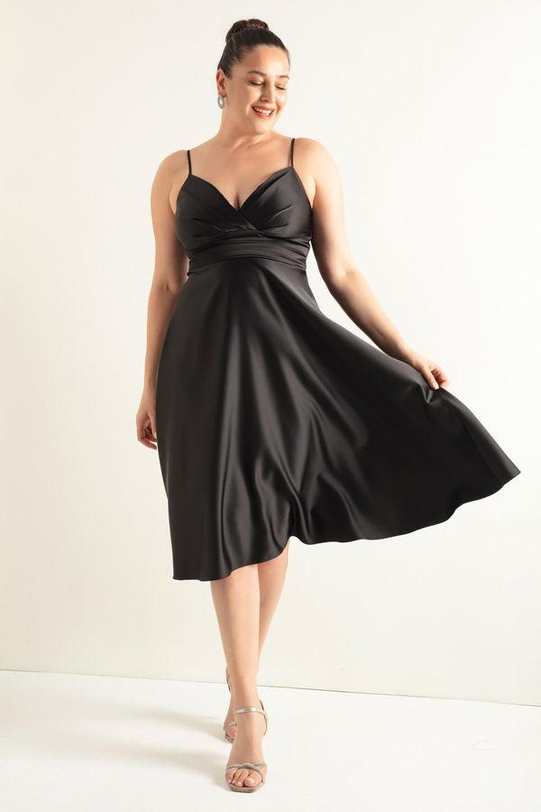 Lafaba Lafaba Women's Black Rope Strap Waist Belted Satin Midi Plus Size Evening Dress