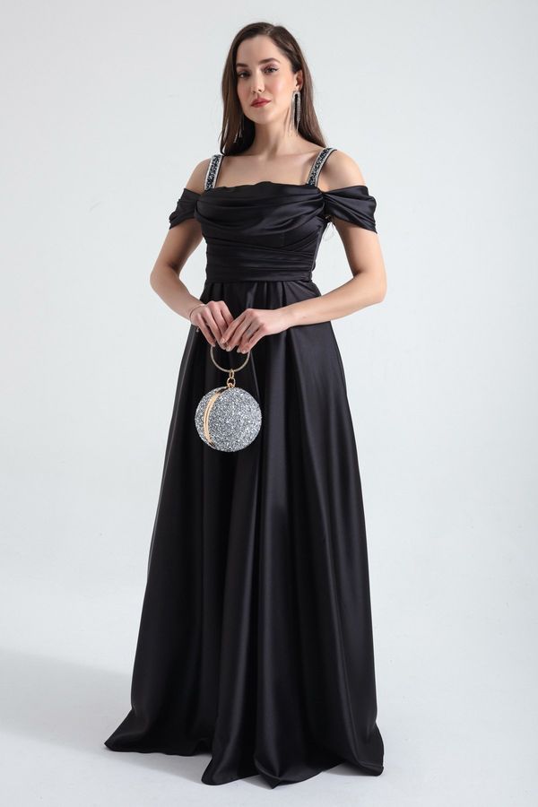 Lafaba Lafaba Women's Black Stone Strap Draped Long Satin Evening Dress