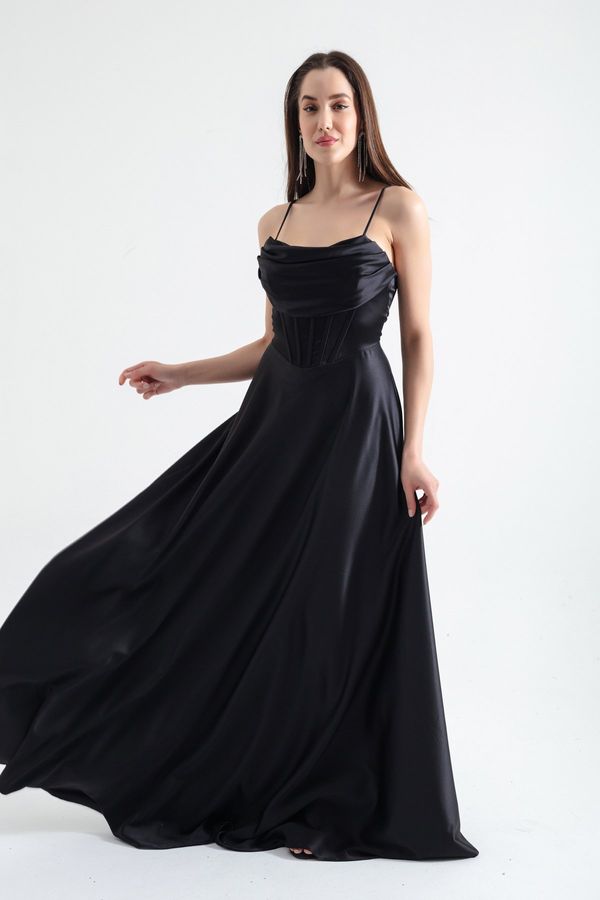 Lafaba Lafaba Women's Black Thin Strap Back Rope Lacing Detailed Evening Dress