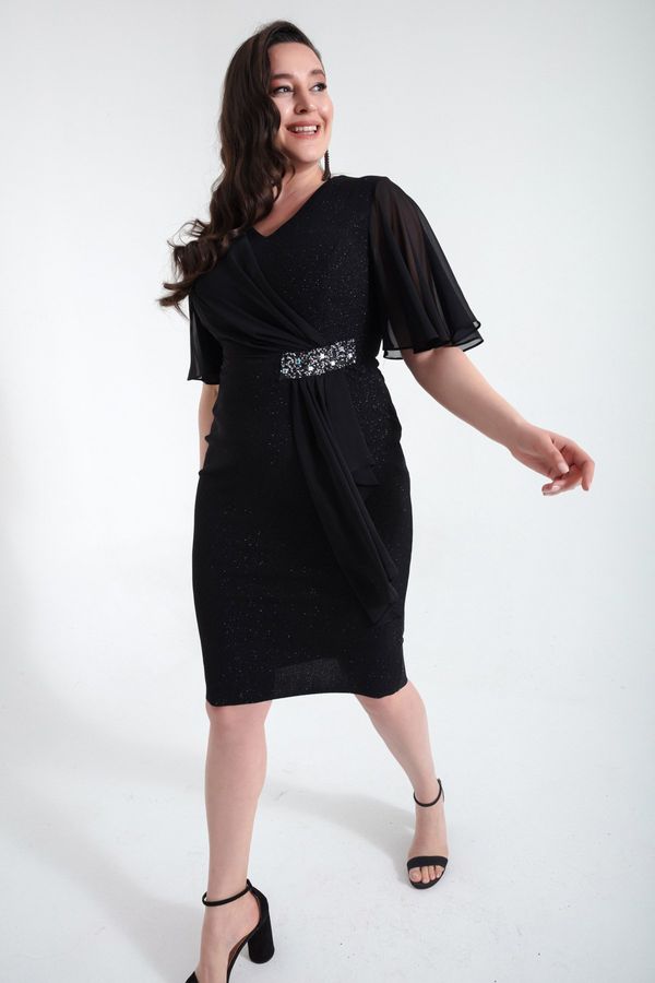 Lafaba Lafaba Women's Black V-Neck Short Sleeve Plus Size Midi Evening Dress