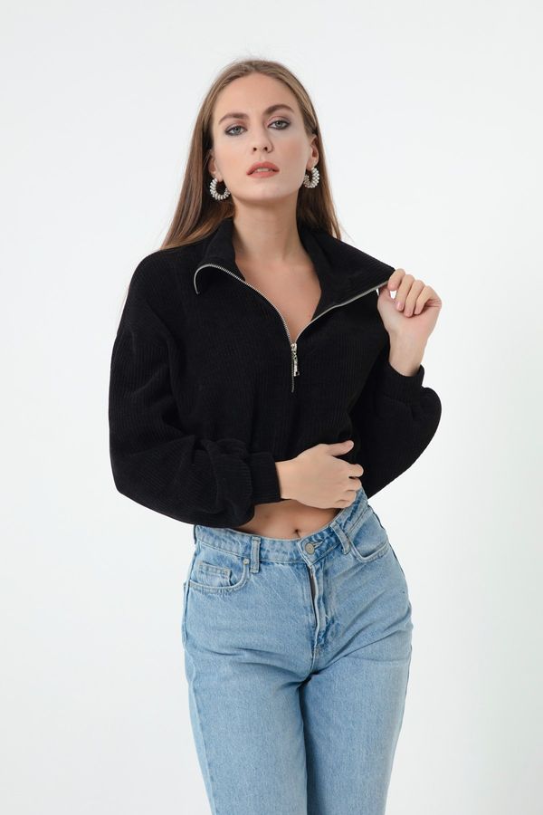 Lafaba Lafaba Women's Black Zipper Crop Sweater