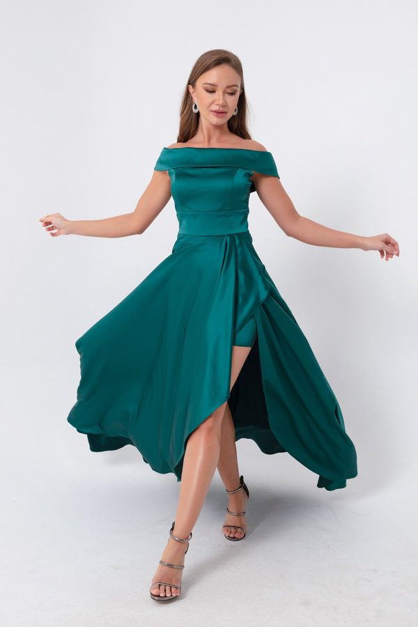 Lafaba Lafaba Women's Emerald Green Bateau Neck Satin Evening Dress & Prom Dress