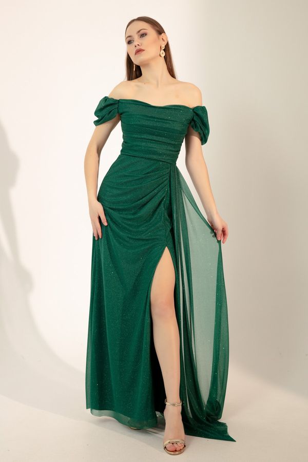 Lafaba Lafaba Women's Emerald Green Boat Neck Draped Slit Long Silvery Evening Dress