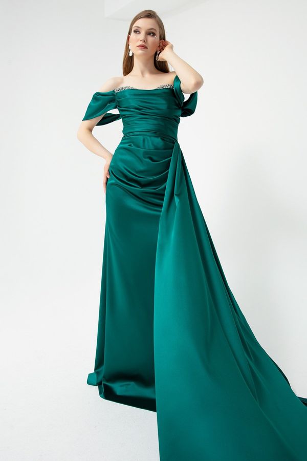 Lafaba Lafaba Women's Emerald Green Boat Neck Slit Long Satin Evening Dress