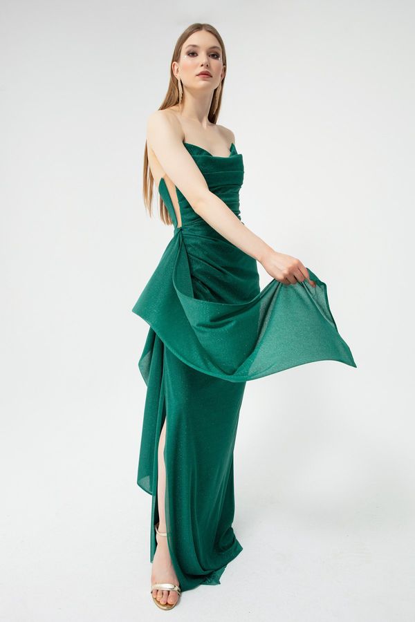 Lafaba Lafaba Women's Emerald Green Bust Draping with a Slit, Glittery Evening Dress.