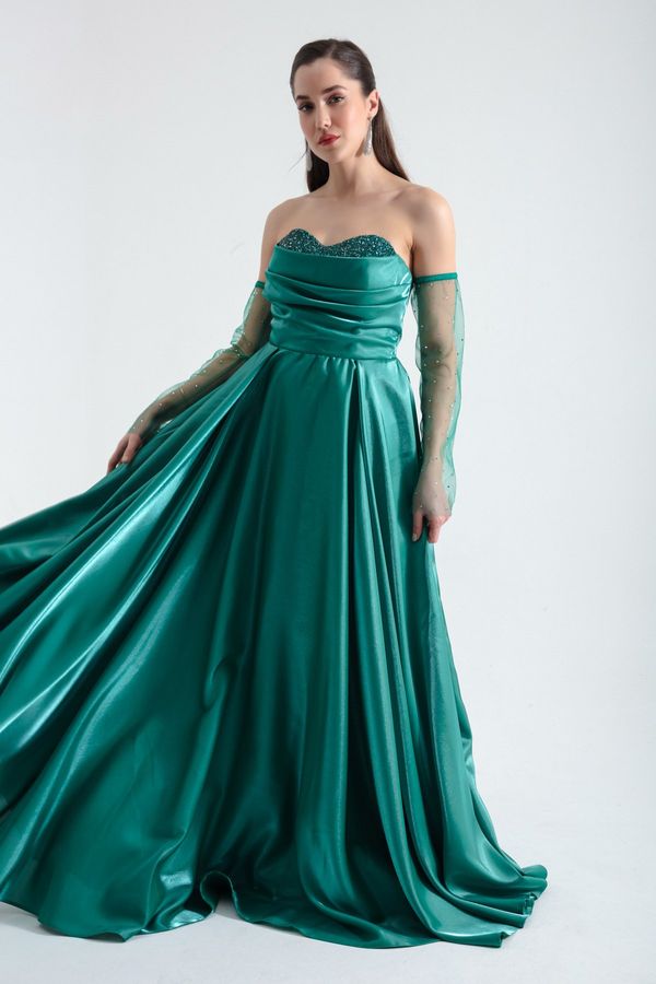 Lafaba Lafaba Women's Emerald Green Collar Gemstoned Long Sleeves Tulle Evening Dress