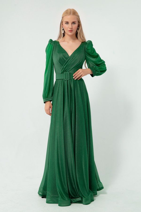 Lafaba Lafaba Women's Emerald Green, Double Breasted Collar, Glittery Long Flare Evening Dress.