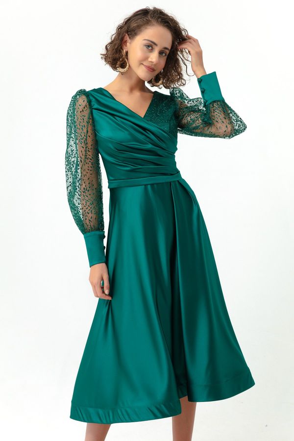 Lafaba Lafaba Women's Emerald Green Double Breasted Collar Silvery Midi Satin Evening Dress