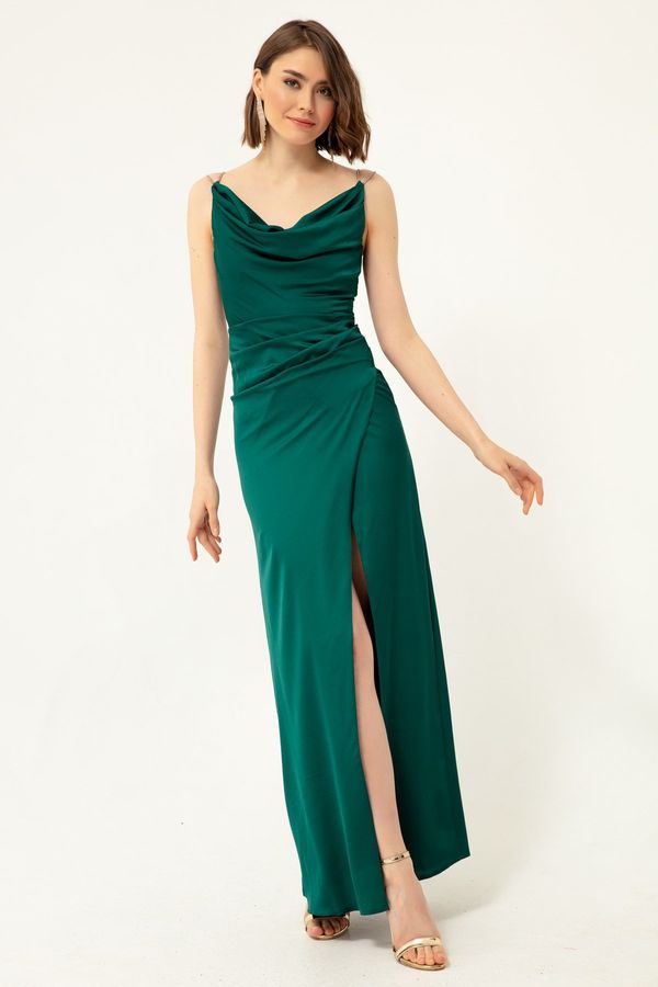 Lafaba Lafaba Women's Emerald Green Evening Dress with Stone Straps, Plunger Collar Satin