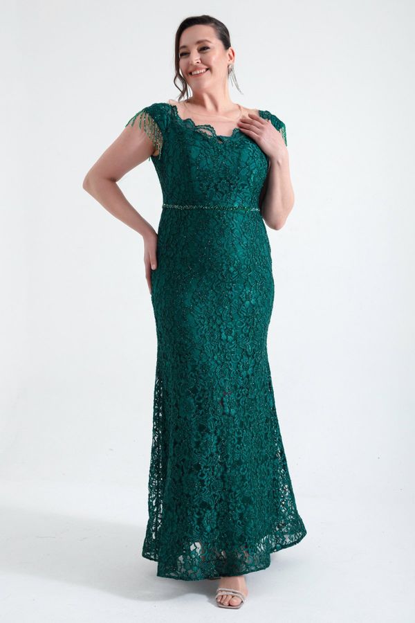 Lafaba Lafaba Women's Emerald Green Laced Sleeves Beaded Plus Size Evening Dress