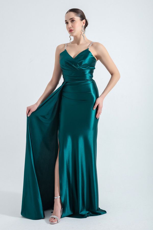 Lafaba Lafaba Women's Emerald Green Long Evening Dress with Stone Straps and Tail.