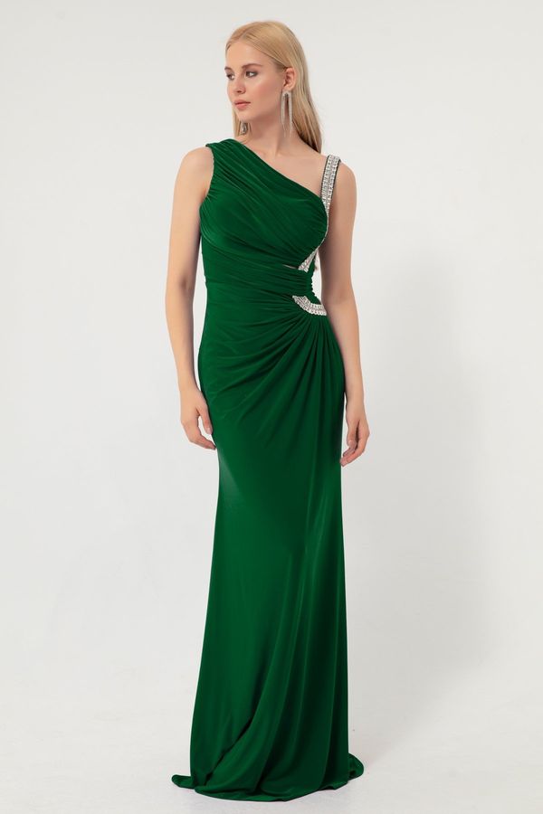 Lafaba Lafaba Women's Emerald Green Long Evening Dress with Stone Straps