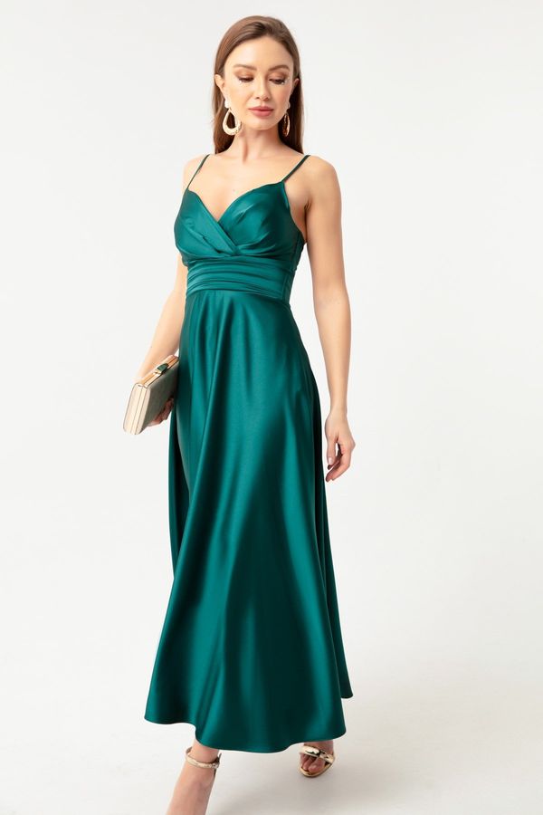 Lafaba Lafaba Women's Emerald Green Rope Strap Waist Belted Satin Midi Evening Dress & Graduation Dress