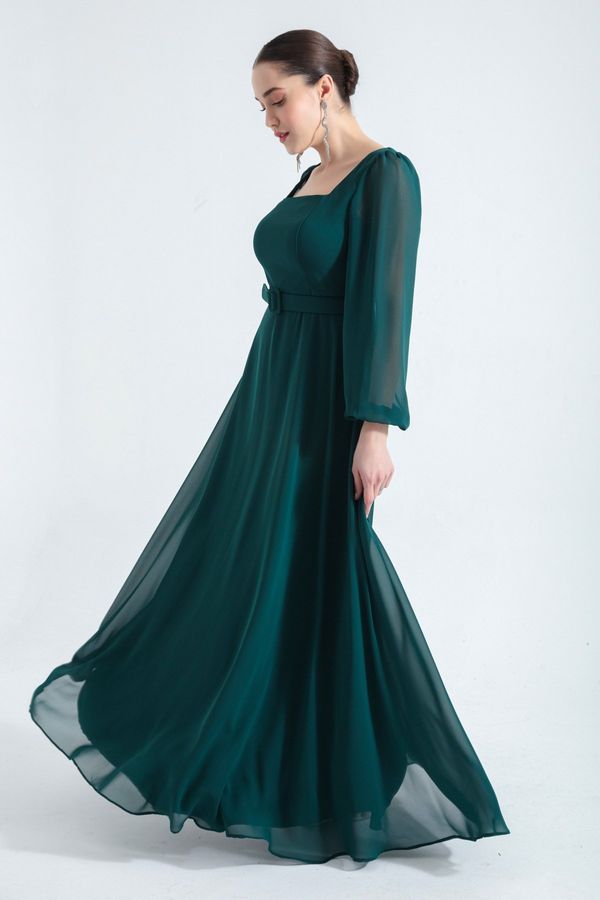 Lafaba Lafaba Women's Emerald Green Square Neck Long Chiffon Evening Dress