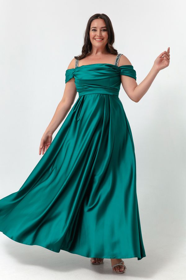 Lafaba Lafaba Women's Emerald Green Stone Strap Draped Plus Size Long Evening Dress