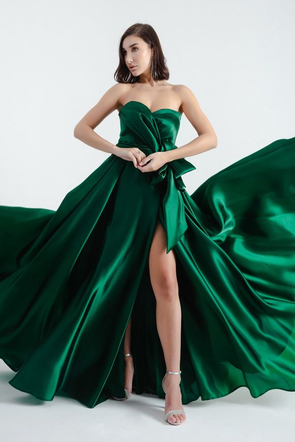 Lafaba Lafaba Women's Emerald Green Strapless Slit Long Evening Dress