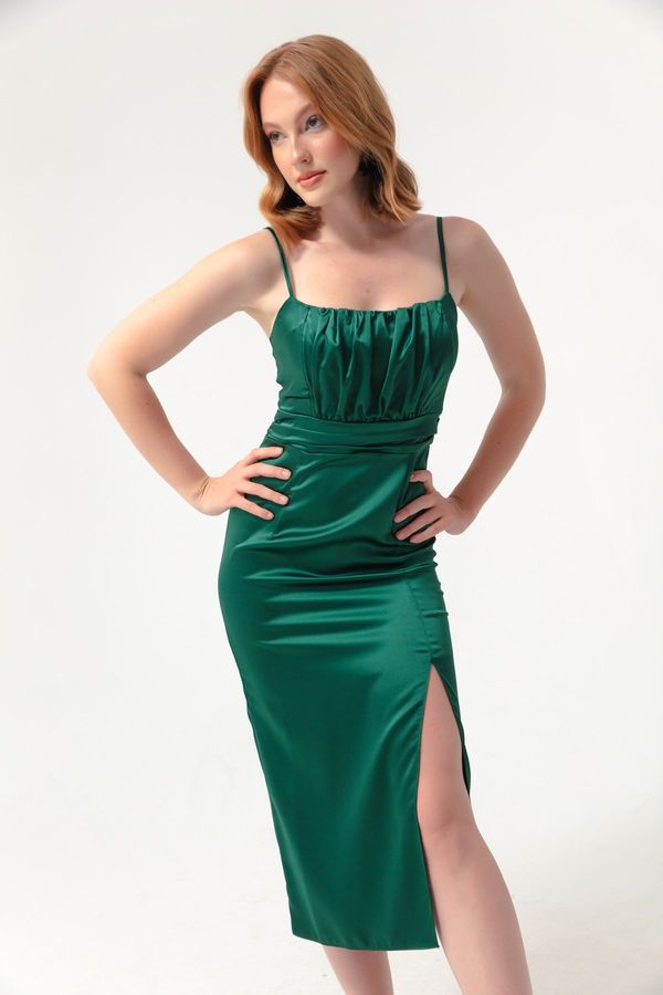 Lafaba Lafaba Women's Emerald Green Thin Strap Slit Midi Satin Evening Dress