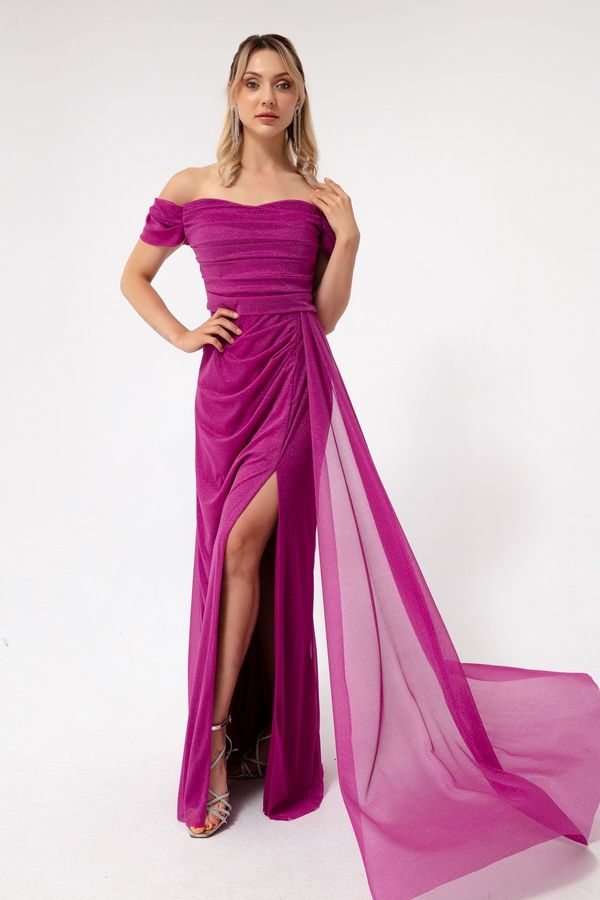 Lafaba Lafaba Women's Fuchsia Boat Neck Draped Slit Long Silvery Evening Dress