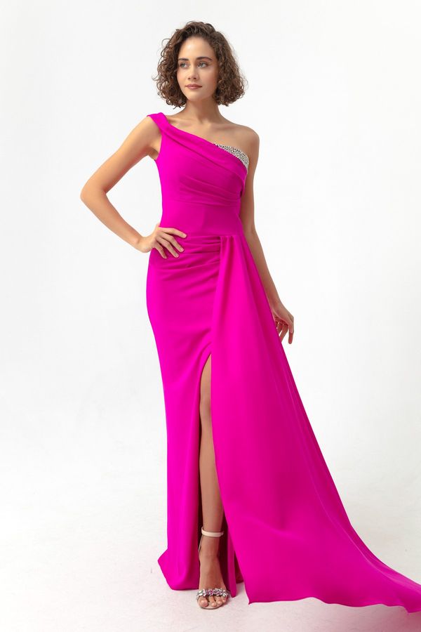 Lafaba Lafaba Women's Fuchsia One-Shoulder Long Evening Dress with Stones.