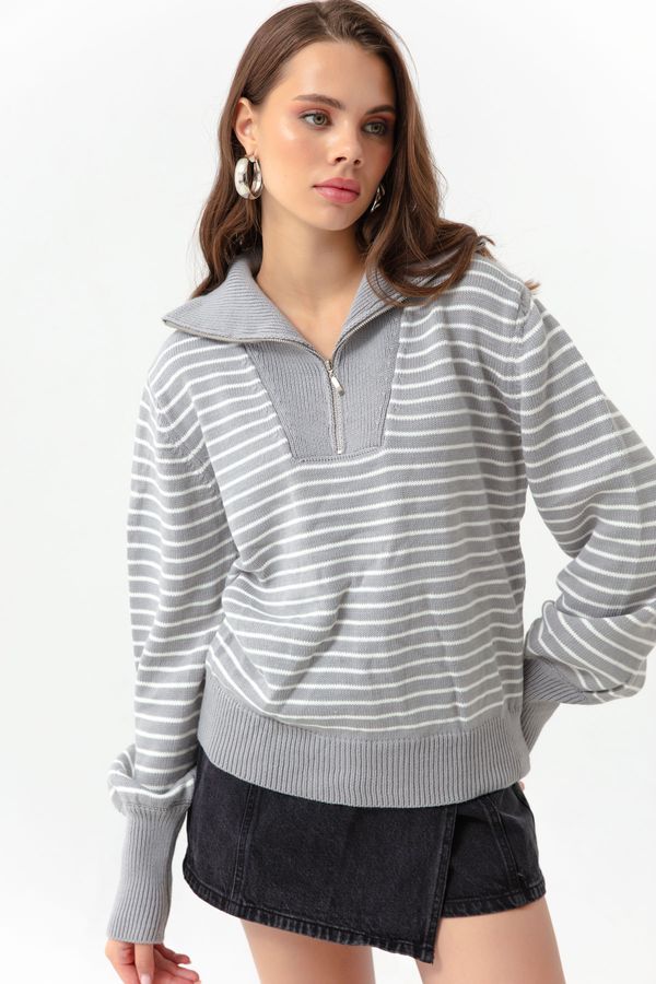Lafaba Lafaba Women's Gray Zipper Detail Striped Knitwear Sweater