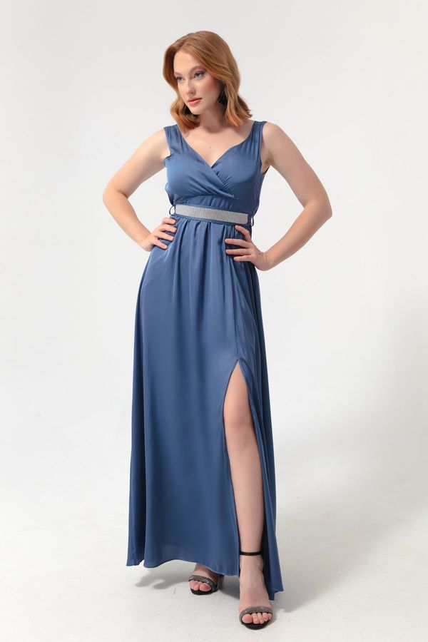 Lafaba Lafaba Women's Indigo Double Breasted Collar Long Evening Dress with Stones and Belt.
