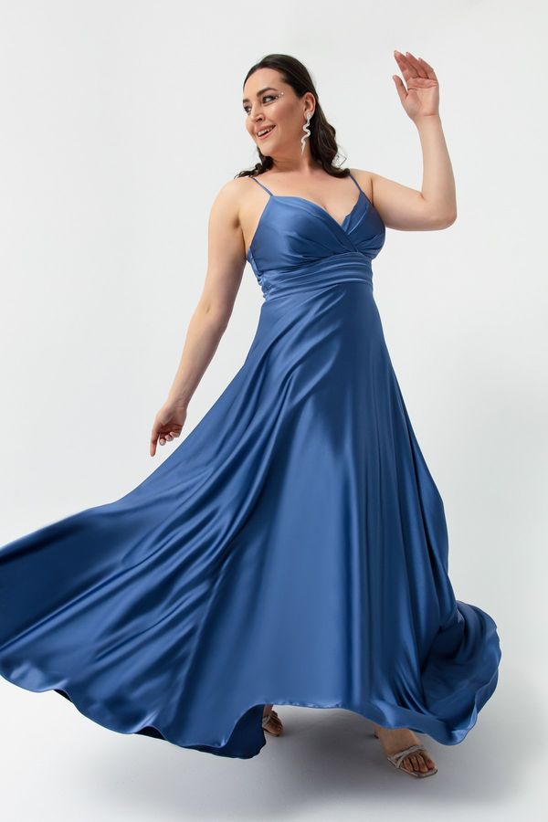 Lafaba Lafaba Women's Indigo Plus Size Satin Long Evening Dress with Thread Straps &; Prom Evening Dress