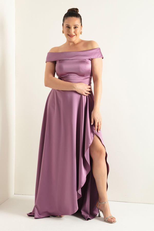 Lafaba Lafaba Women's Lavender Boat Neck Plus Size Satin Evening Dress & Graduation Dress