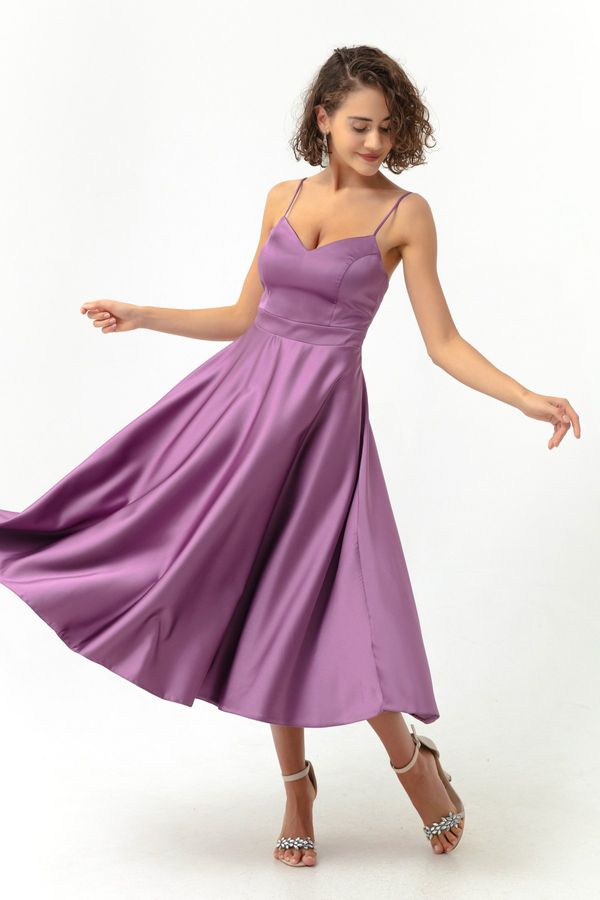 Lafaba Lafaba Women's Lavender Slim Straps Midi Satin Evening Dress.