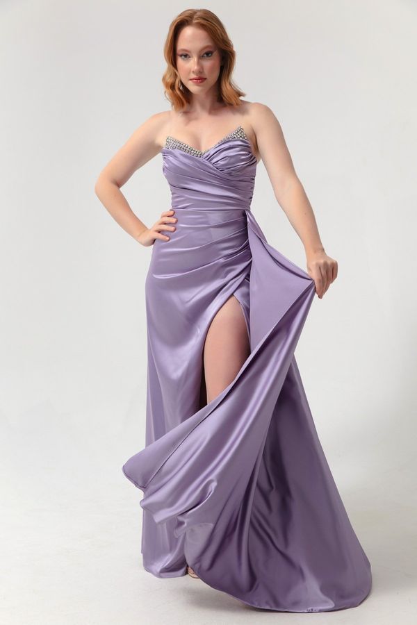 Lafaba Lafaba Women's Lilac Long Evening Dress with Breast Stones