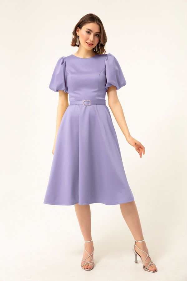 Lafaba Lafaba Women's Lilac Mini Satin Evening Dress with Balloon Sleeves and Stones.