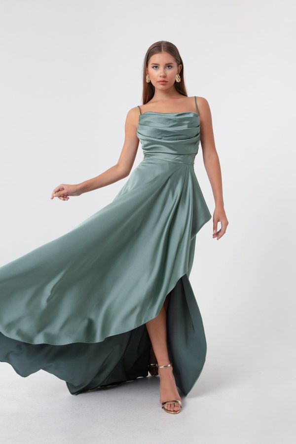 Lafaba Lafaba Women's Mint Green Evening Dress &; Prom Dress with Ruffles and a Slit in Satin