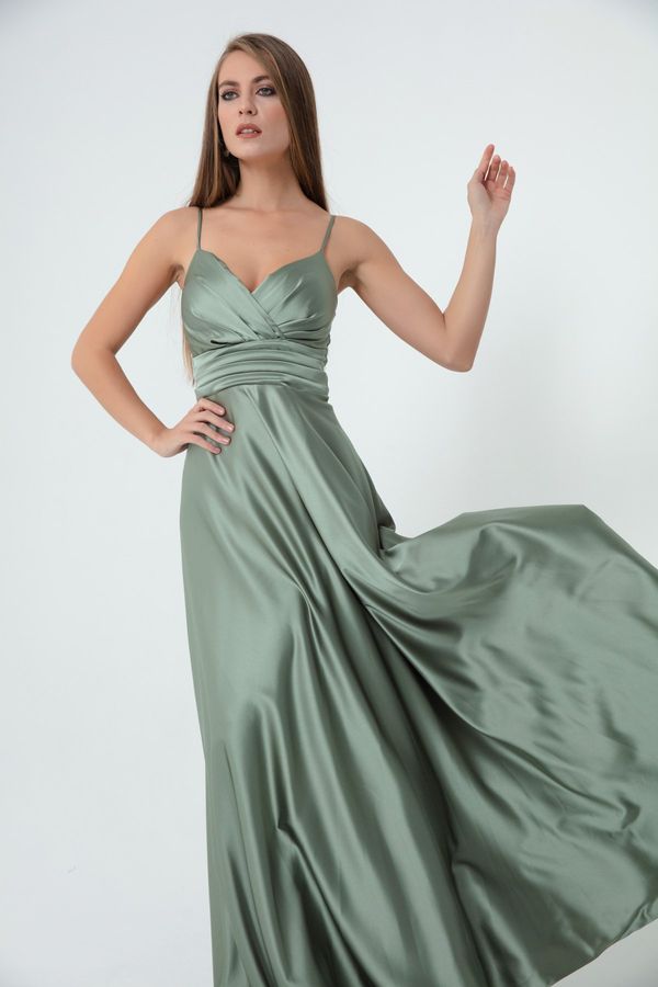 Lafaba Lafaba Women's Mint, Green Long Satin Evening Dress & Prom Dress with Thread Straps and Waist Belt