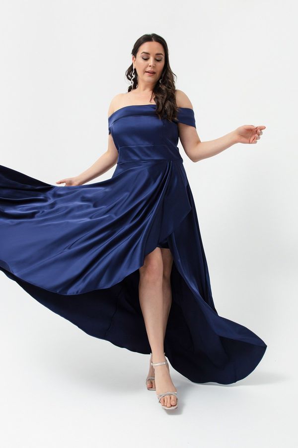 Lafaba Lafaba Women's Navy Blue Boat Collar Plus Size Satin Evening Dress & Prom Dress