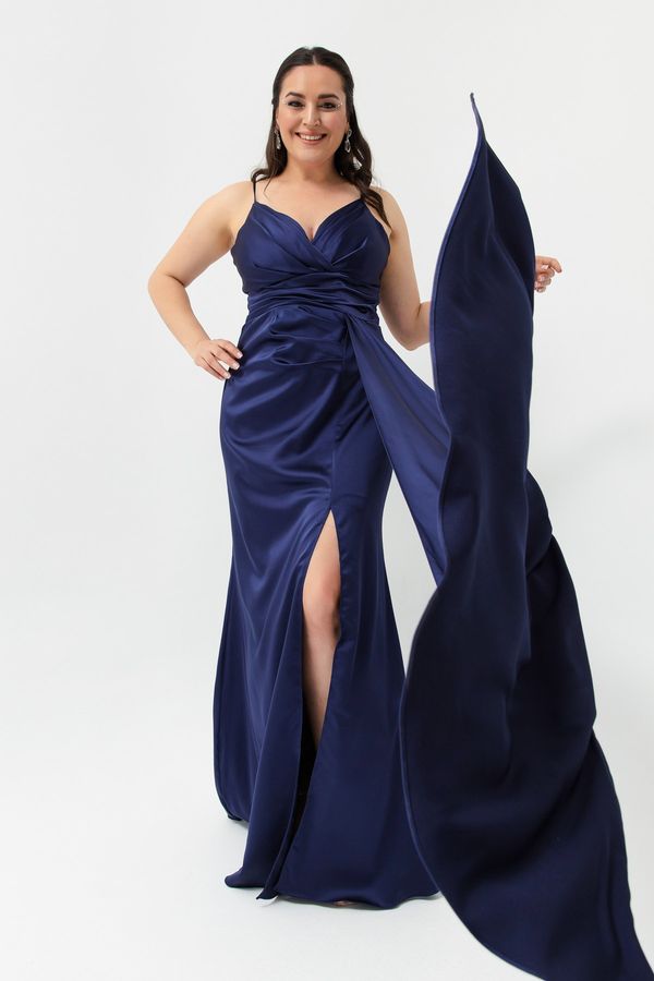 Lafaba Lafaba Women's Navy Blue Plus Size Long Satin Evening Dress & Graduation Dress
