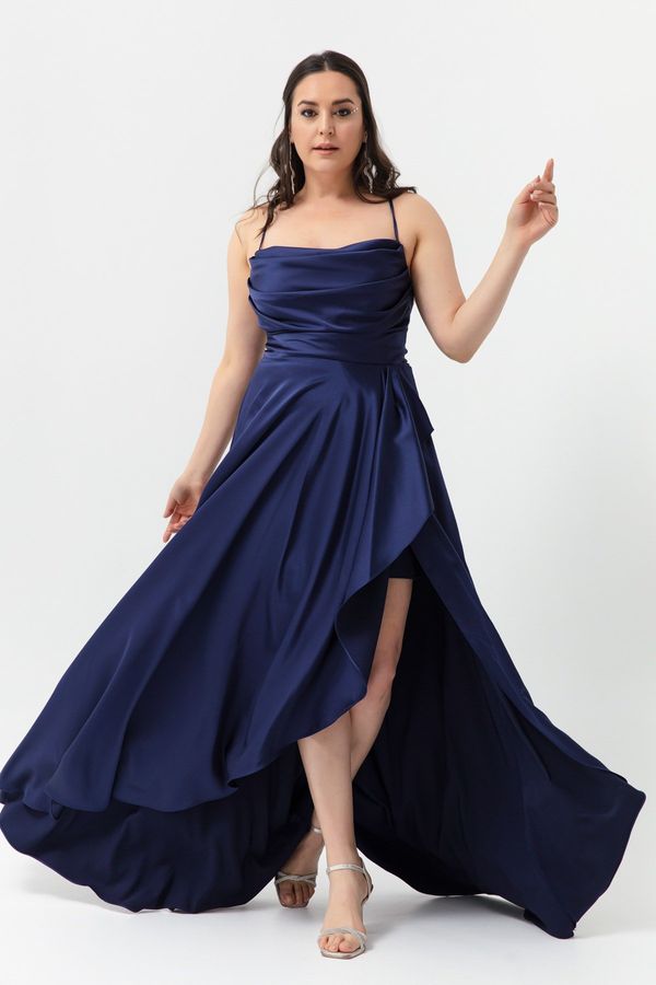 Lafaba Lafaba Women's Navy Blue Plus Size Satin Evening Dress with Ruffles and a Slit Prom Prom Dress.