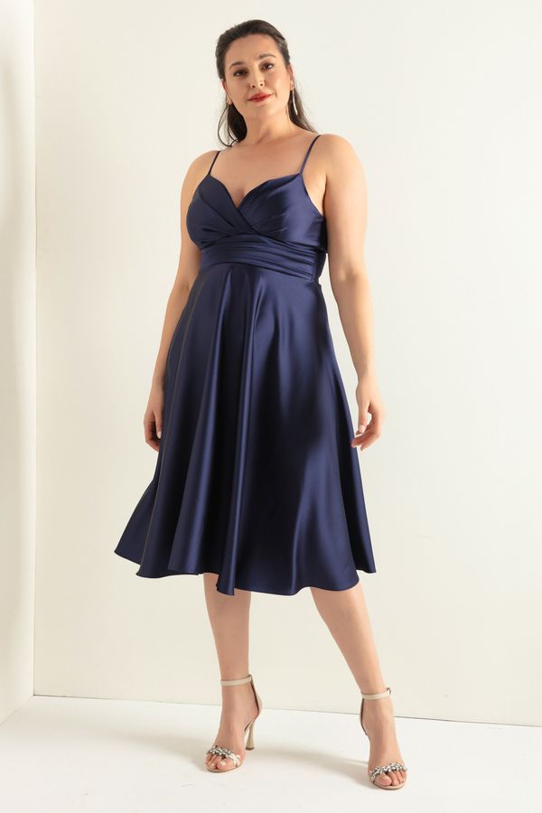 Lafaba Lafaba Women's Navy Blue Rope Strap Waist Belted Satin Midi Plus Size Evening Dress