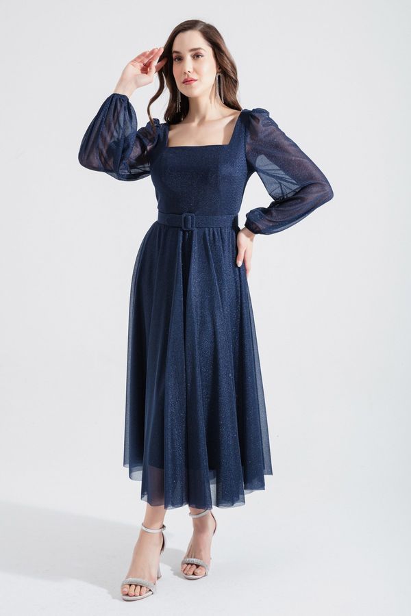 Lafaba Lafaba Women's Navy Blue Square Collar Belted Midi Glitter Evening Dress