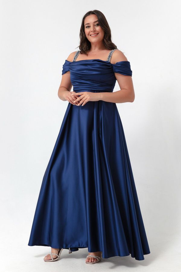 Lafaba Lafaba Women's Navy Blue Stone Strap Draped Plus Size Long Evening Dress