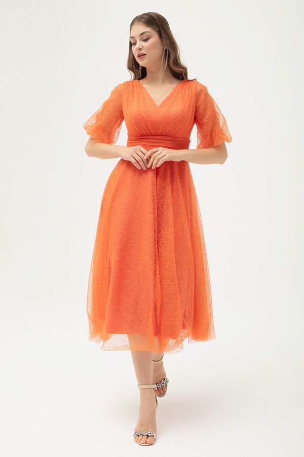Lafaba Lafaba Women's Orange Balloon Sleeve Silvery Evening Dress