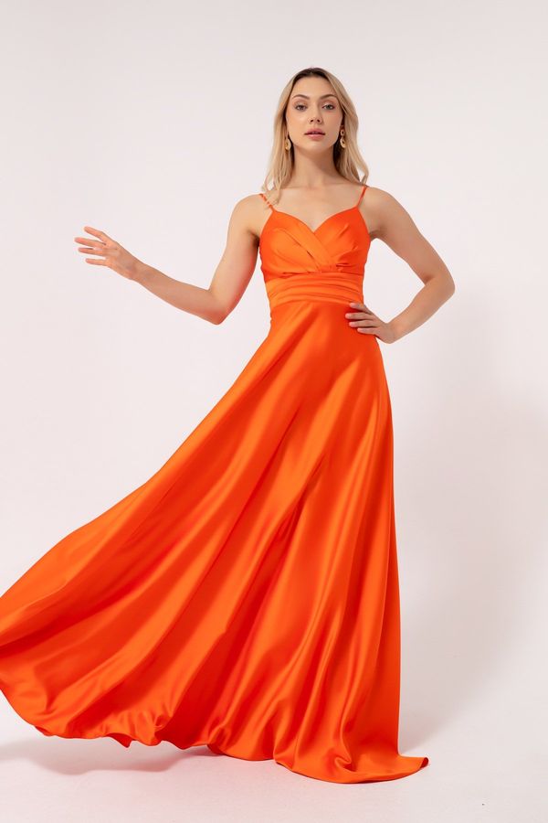 Lafaba Lafaba Women's Orange Long Satin Evening Dress & Prom Dress with Thread Straps and Waist Belt