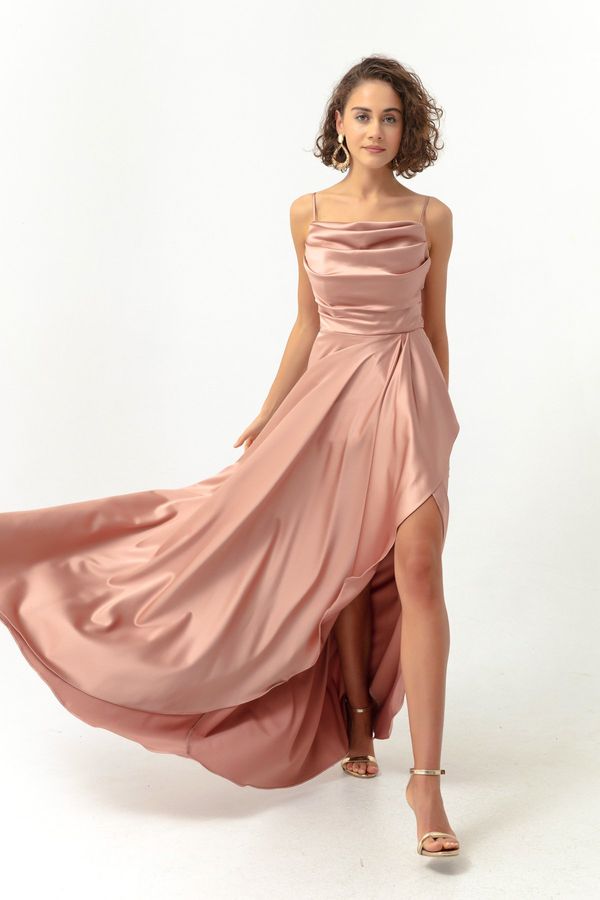Lafaba Lafaba Women's Pink Evening Dress &; Prom Dress with Ruffles and a Slit Satin