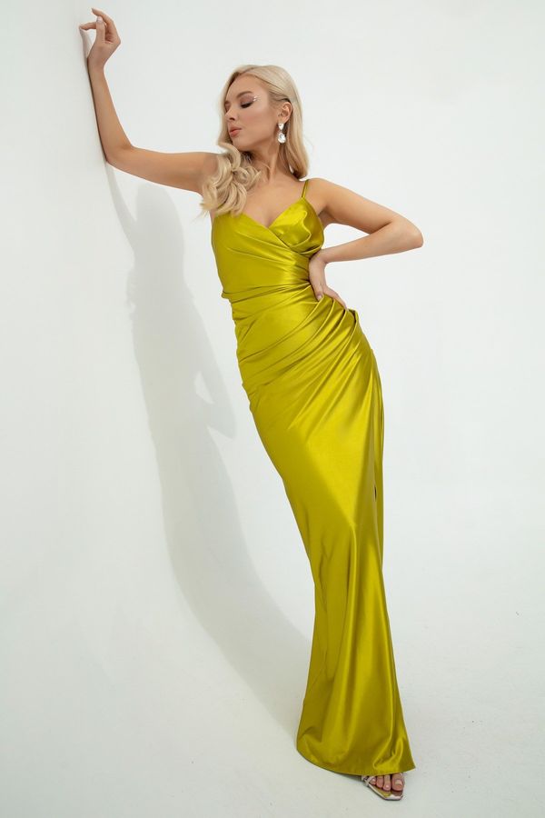 Lafaba Lafaba Women's Pistachio Green Backless Long Evening Dress with a Slit