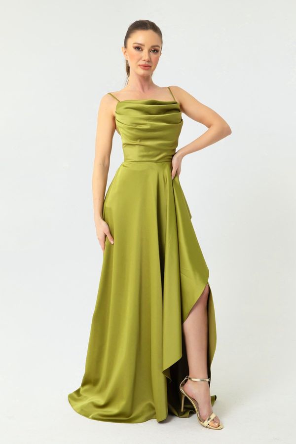 Lafaba Lafaba Women's Pistachio Green Flounce Slit Satin Evening Dress & Prom Dress