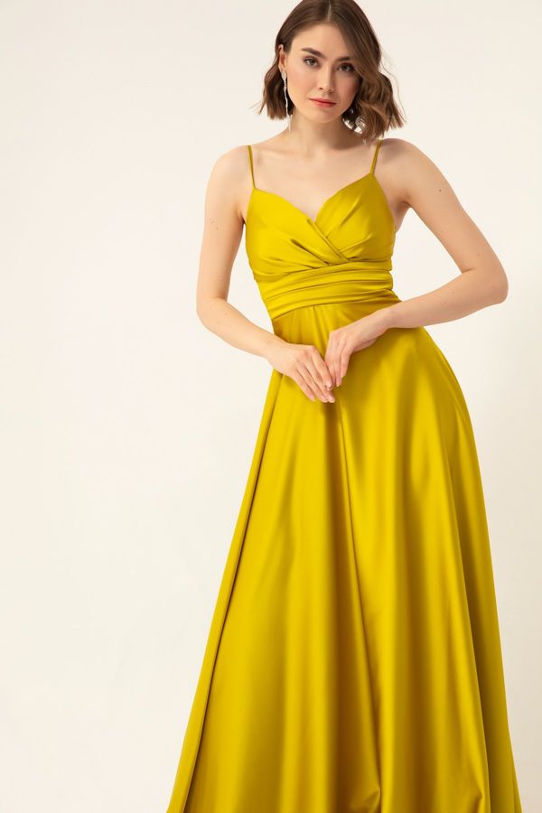 Lafaba Lafaba Women's Pistachio Long Satin Evening Dress & Prom Dress with Thread Straps and Waist Belt